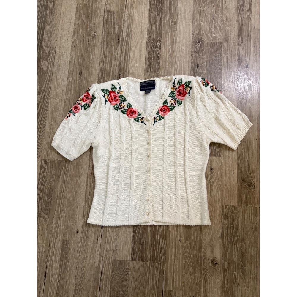 Vintage 90s Herman Geist Hand Embroidered Floral Cable Knit Cardigan Cream Sz L